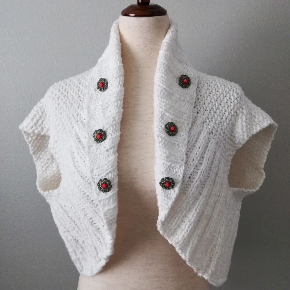 White Knit Shrug Cap Sleeve Sweater With Decorative Buttons, One Size